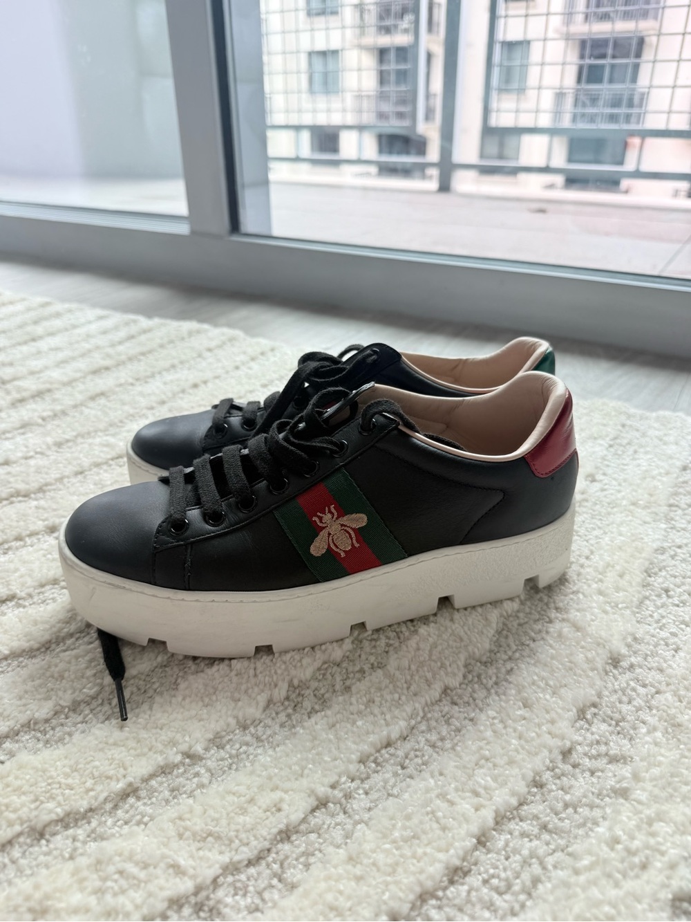 Gucci Black Leather Platform Sneaker with Red & Green Stripe